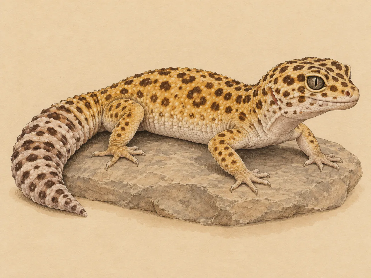 Illustration naturaliste d'un gecko léopard au repos sur une pierre plate, robe jaune tachetée de brun