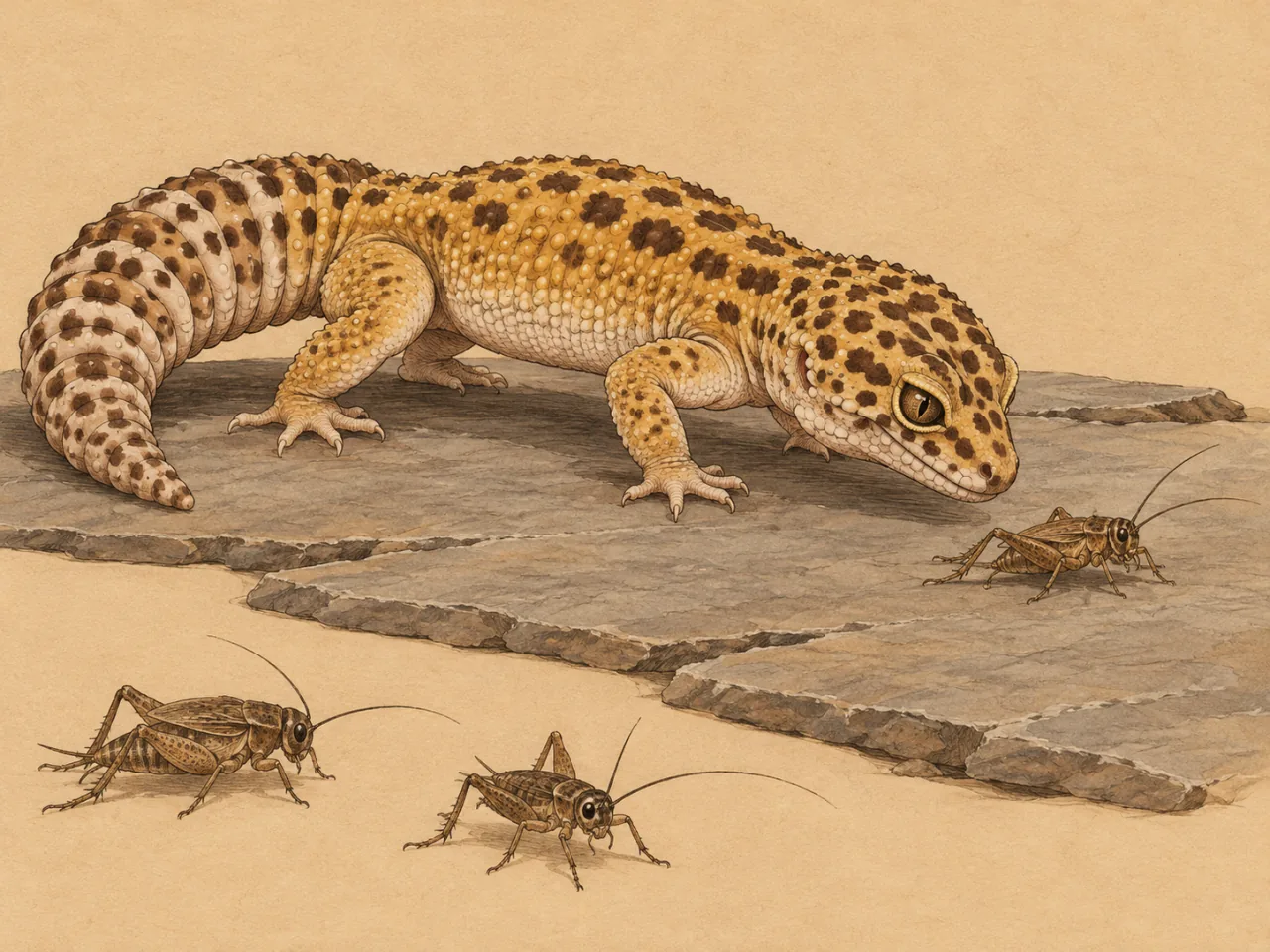 Illustration naturaliste d'un gecko léopard, tête baissée vers un grillon posé devant lui