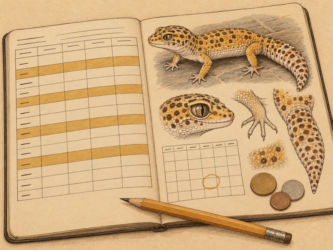 Carnet de relevé ouvert : tableau aux lignes surlignées d'ocre, croquis de gecko léopard, grille de calendrier avec un jour entouré et quelques pièces