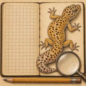 Emblème de Gwenaëlle Le Bihan : carnet de terrain ouvert sur un croquis de gecko léopard, avec une loupe et un crayon